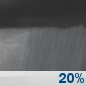 Tonight: A slight chance of rain showers. Mostly cloudy, with a low around 58. Northwest wind around 2 mph. Chance of precipitation is 20%. New rainfall amounts less than a tenth of an inch possible. Tonight: Slight Chance Rain Showers